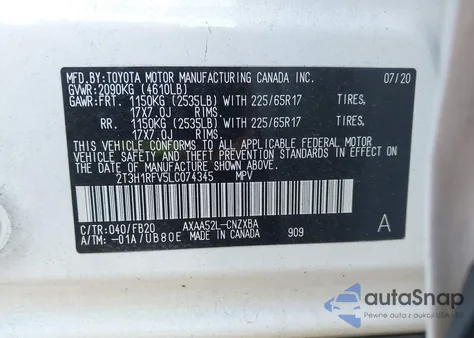 2020 Toyota Rav4 Le from USA, damaged, VIN 2T3H1RFV5LC074345